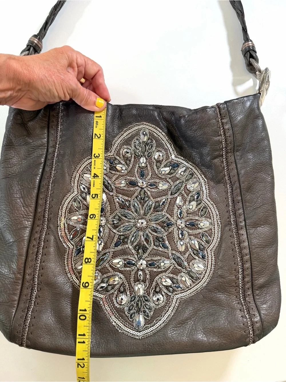 Brighton Anju Masterpiece Collection Pewter Leather Jeweled Shoulder Hobo Bag
